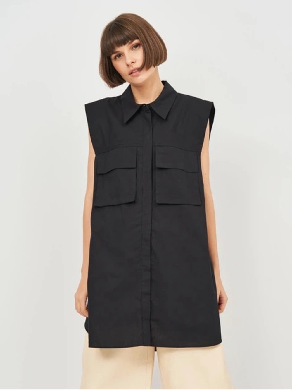 Zara Structured Shoulder Sleeveless 100% Cotton Utility Tunic Shirt Dress Black